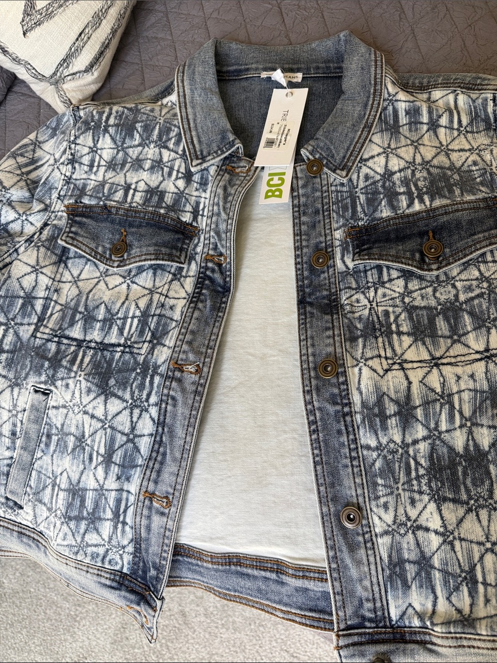 Tribal Blue and White Patterned Denim Jacket
